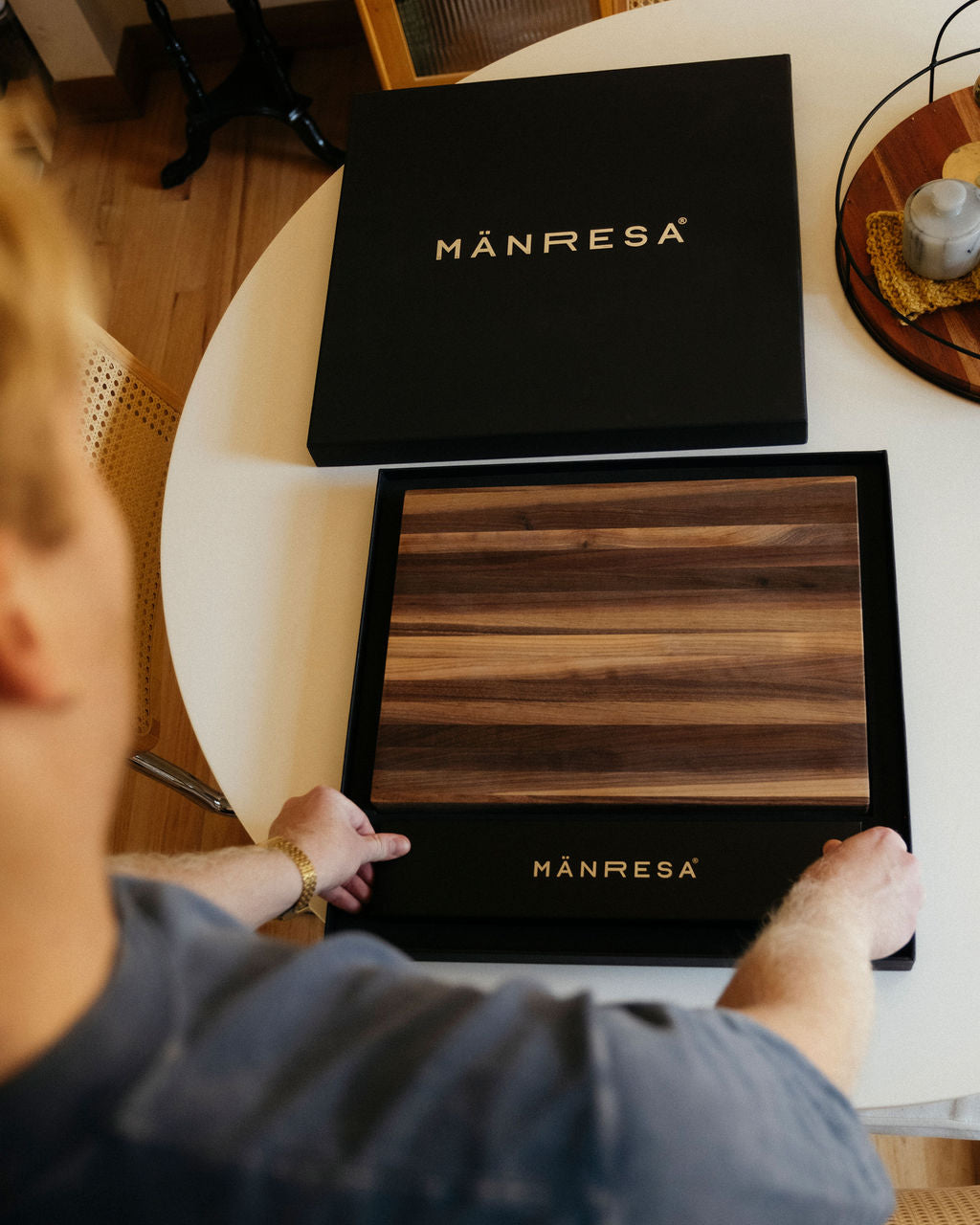 Walnut butcher block chef knife gift set, board resting in the gift box tray