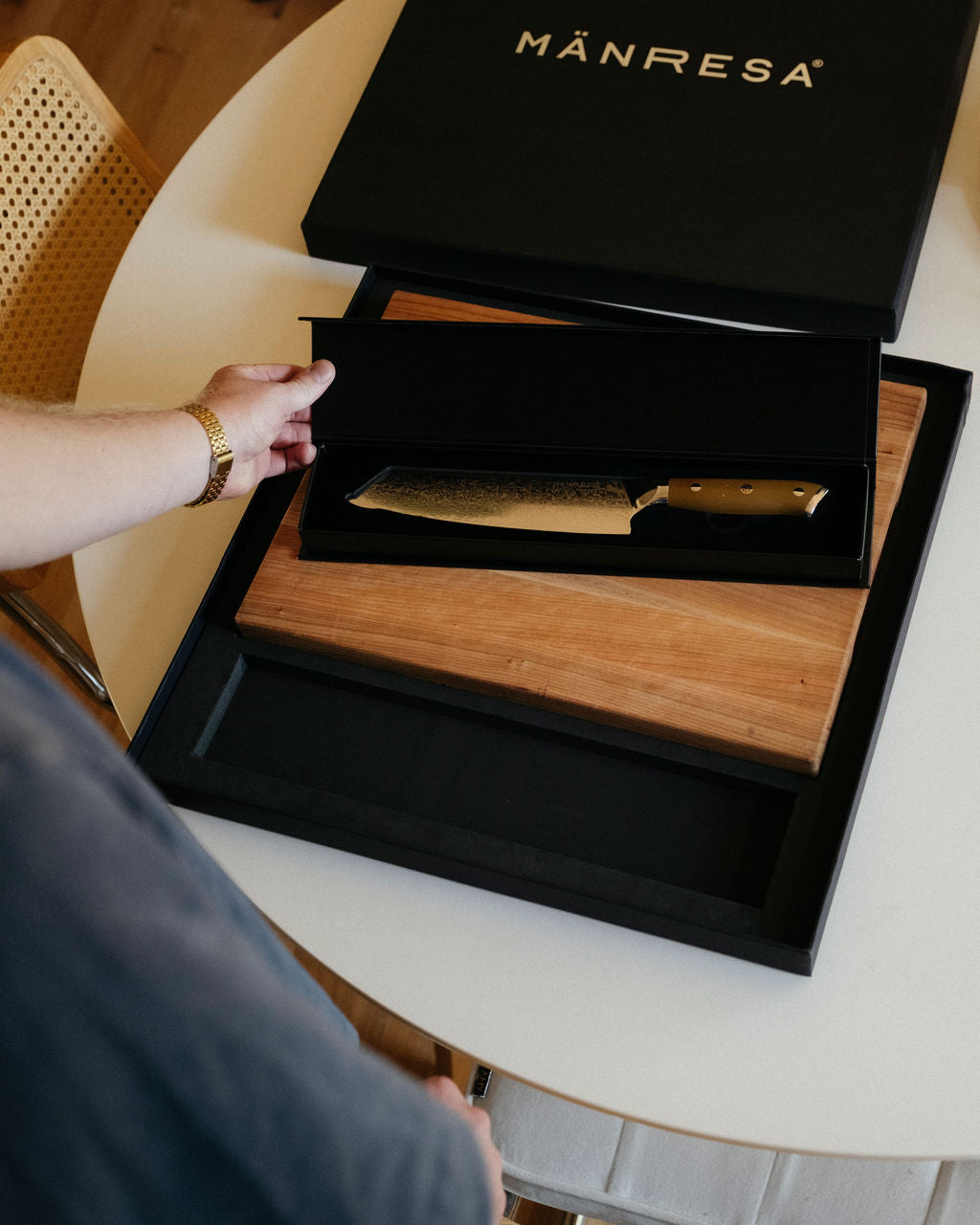 Appalachia Cherry butcher block with chef knife gift set, lifestyle unboxing view