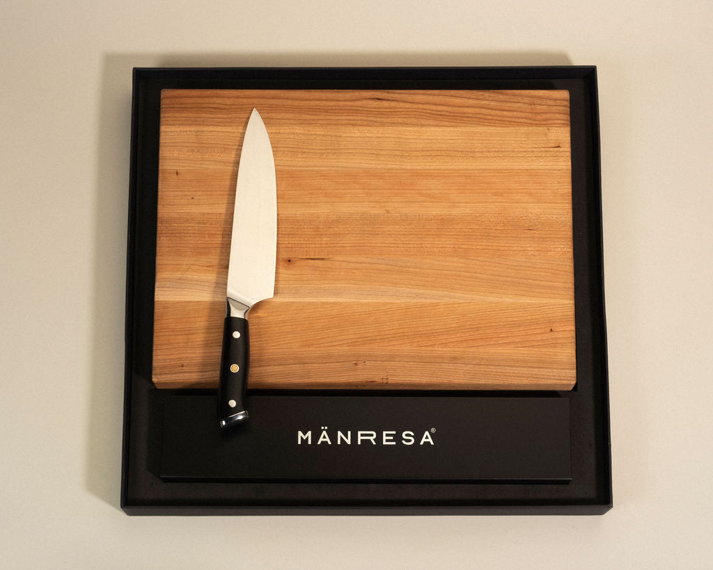 Appalachia Cherry butcher block with German Pro chef knife gift set, vertical view