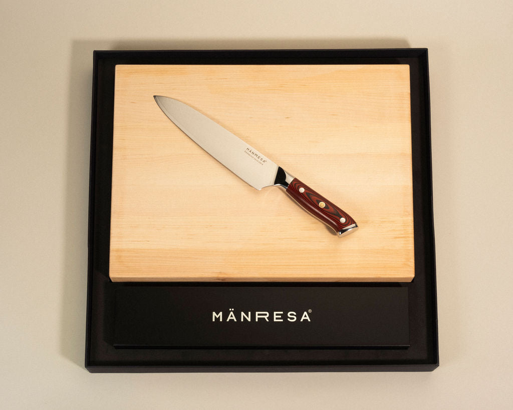 North Woods Maple butcher block with American Pro chef knife gift set, angled view