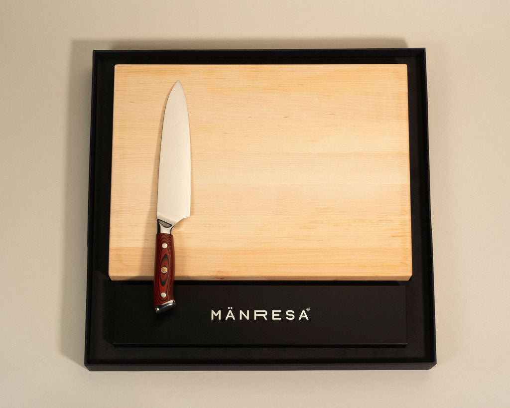 North Woods Maple butcher block with American Pro chef knife gift set, vertical view