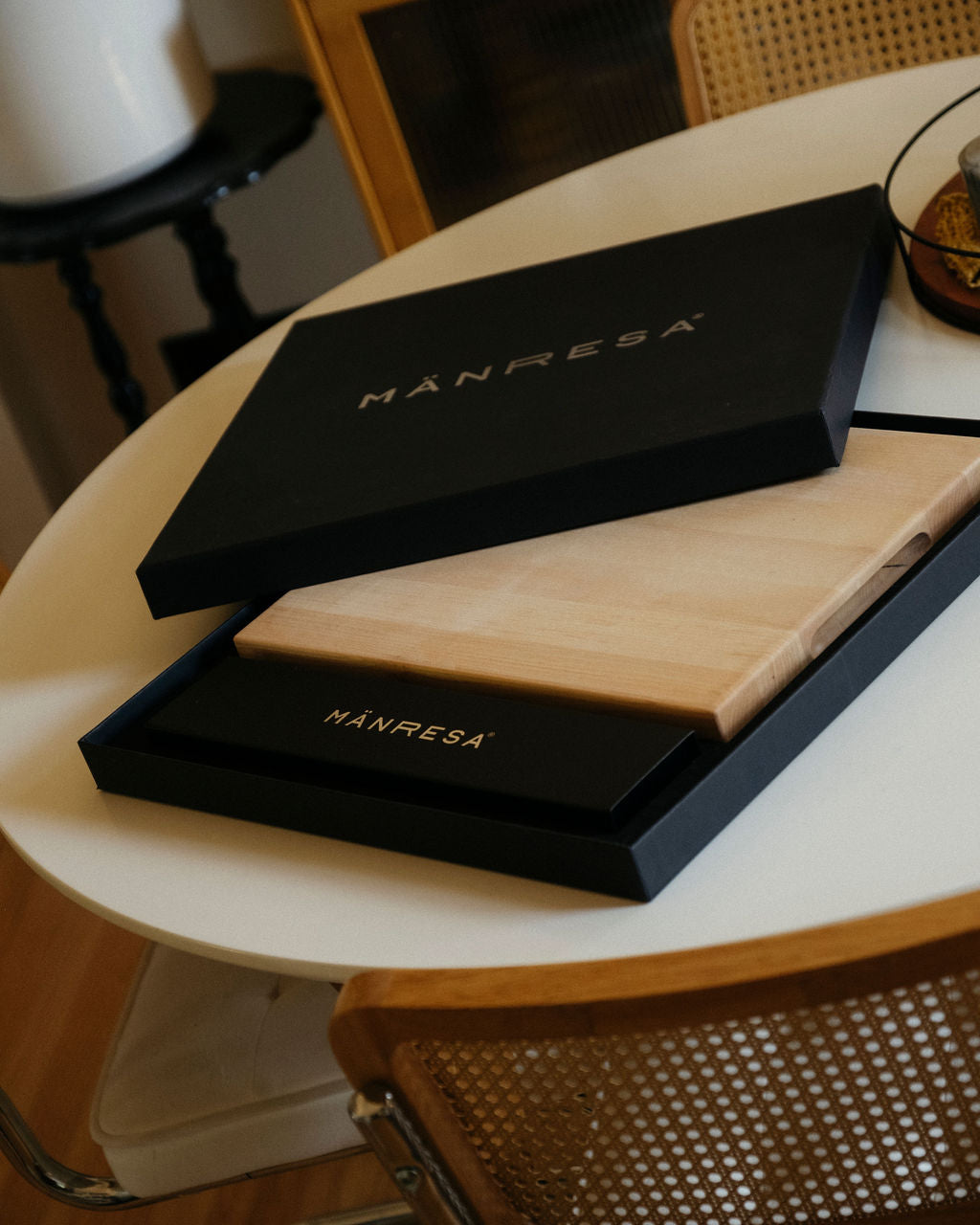 North Woods Maple butcher block chef knife gift set, gift box lid propped on the tray over the board
