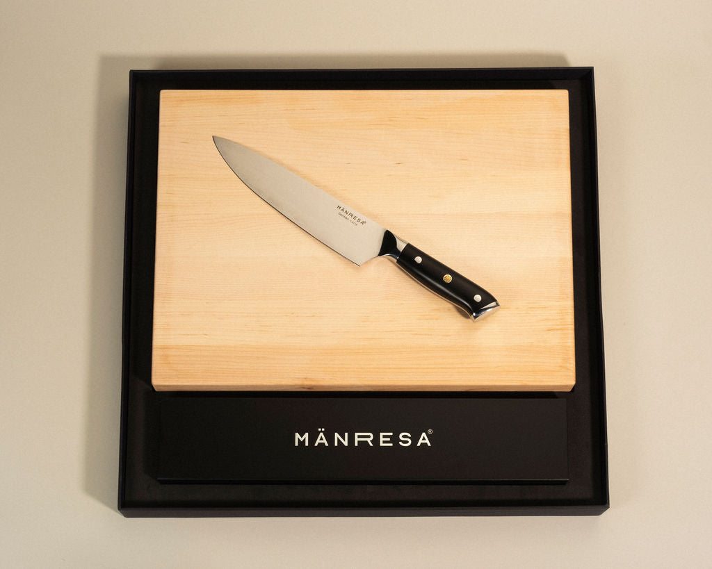 North Woods Maple butcher block with German Pro chef knife gift set, angled view