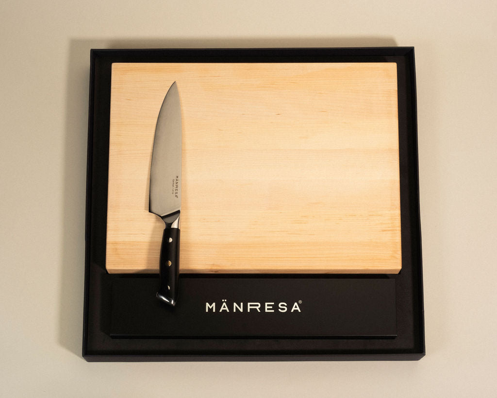 North Woods Maple butcher block with German Pro chef knife gift set, blade engraving view