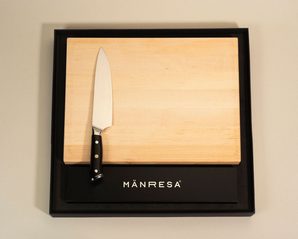North Woods Maple butcher block with German Pro chef knife gift set, vertical view