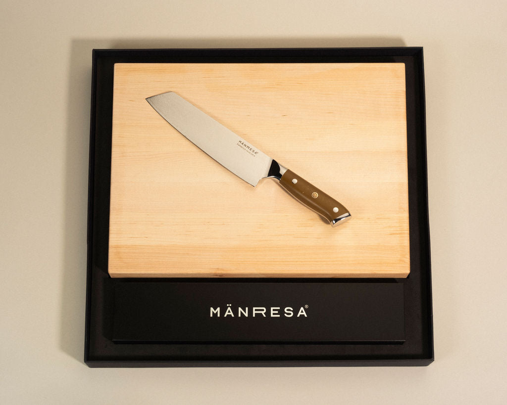 North Woods Maple butcher block with Japanese Pro chef knife gift set, angled view