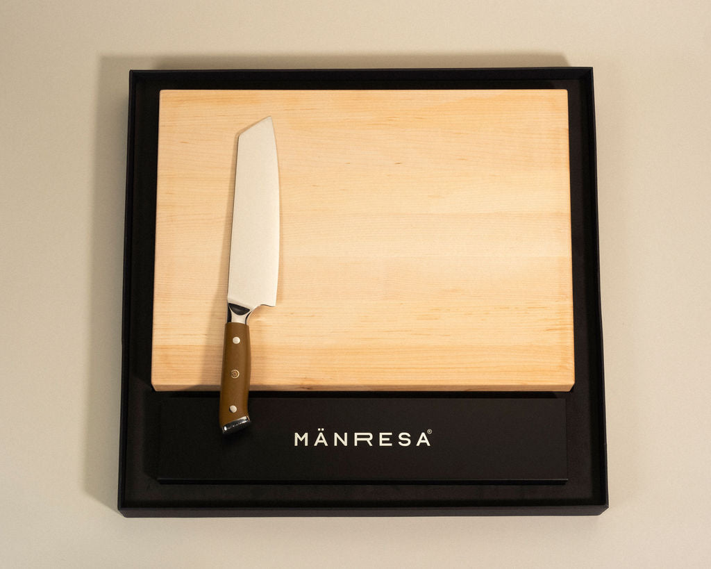North Woods Maple butcher block with Japanese Pro chef knife gift set, vertical view
