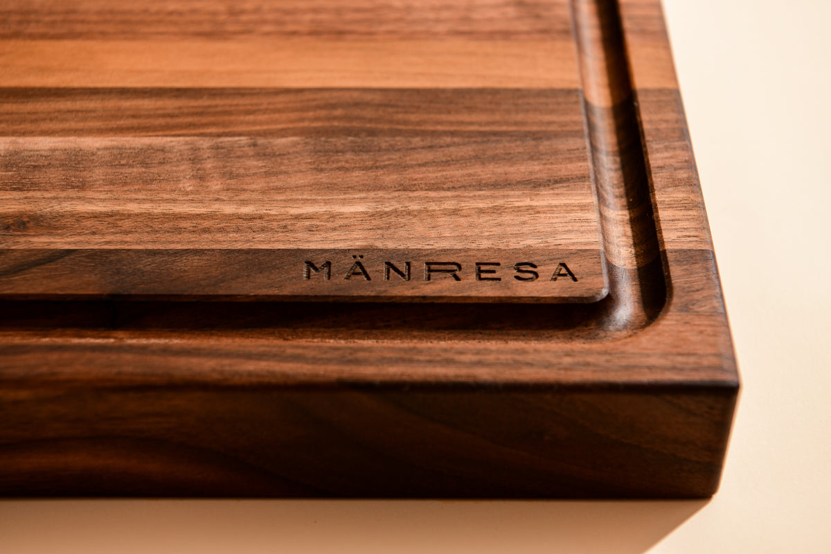 Walnut butcher block - engraved logo close-up
