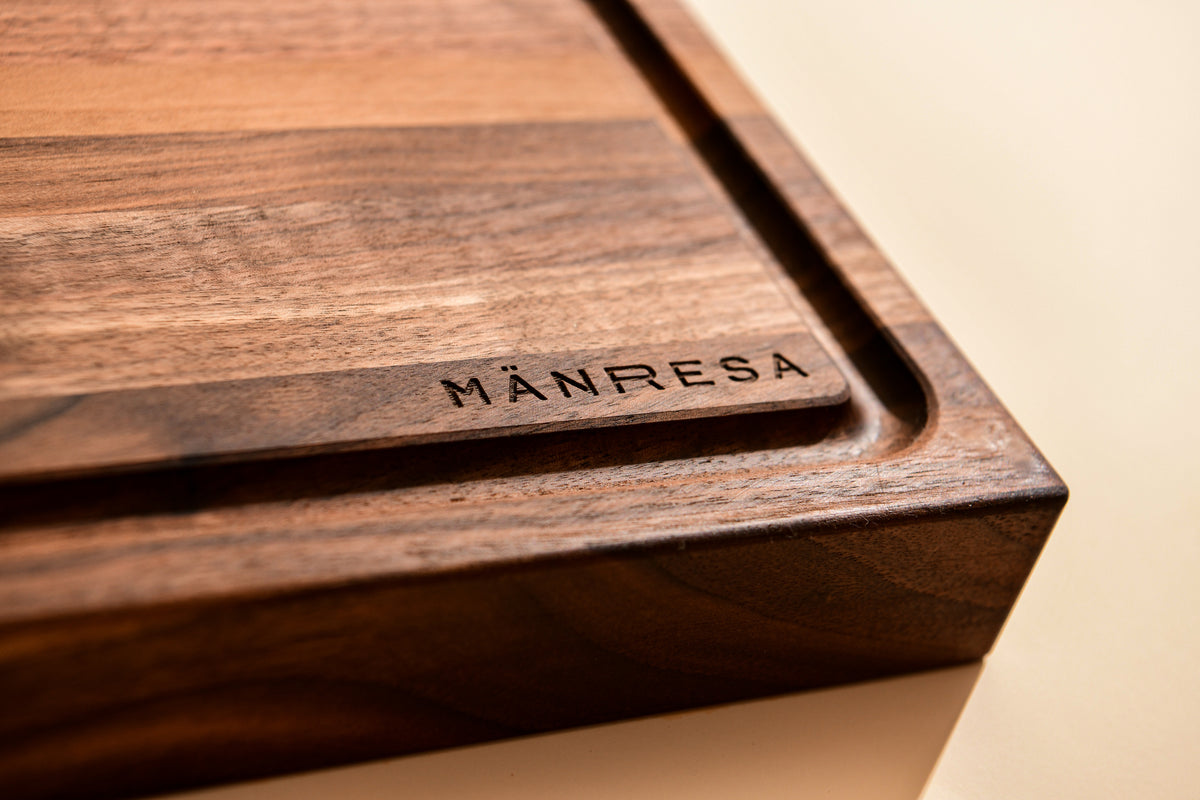 Walnut butcher block - logo and corner detail