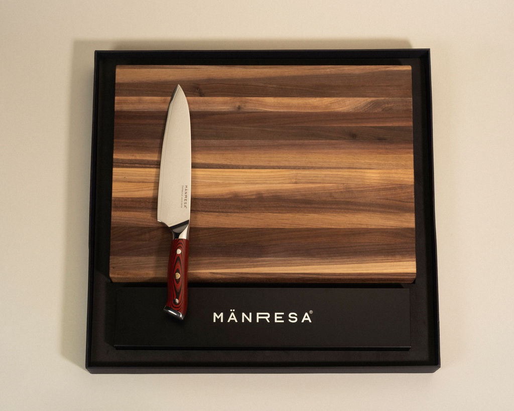 Walnut butcher block with American Pro chef knife gift set, blade engraving view