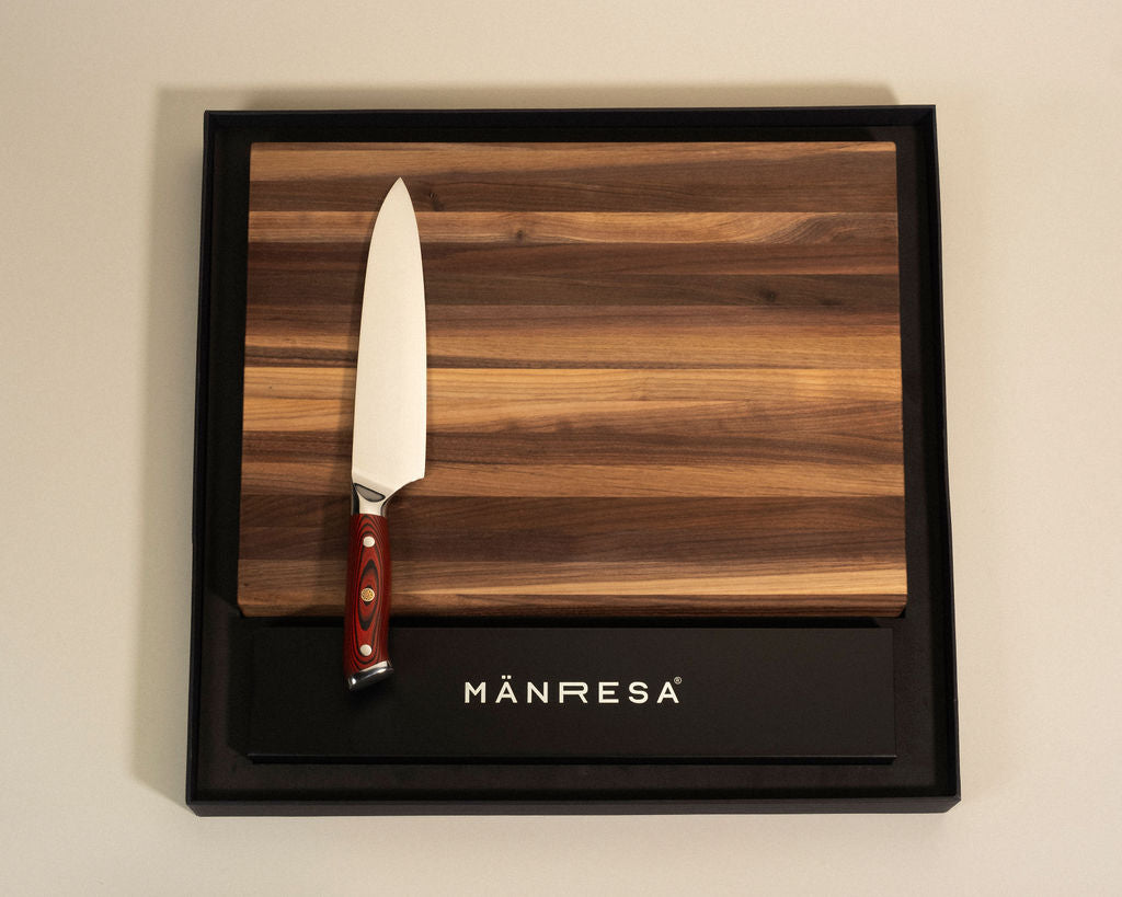Walnut butcher block with American Pro chef knife gift set, vertical view