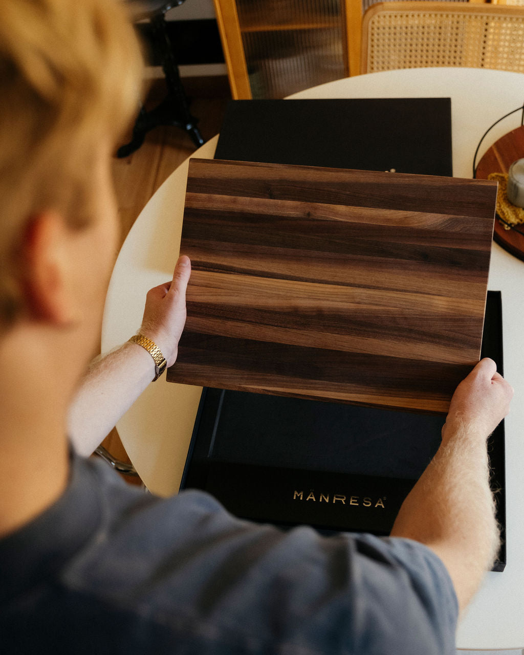 Walnut butcher block chef knife gift set, board lifted from the gift box