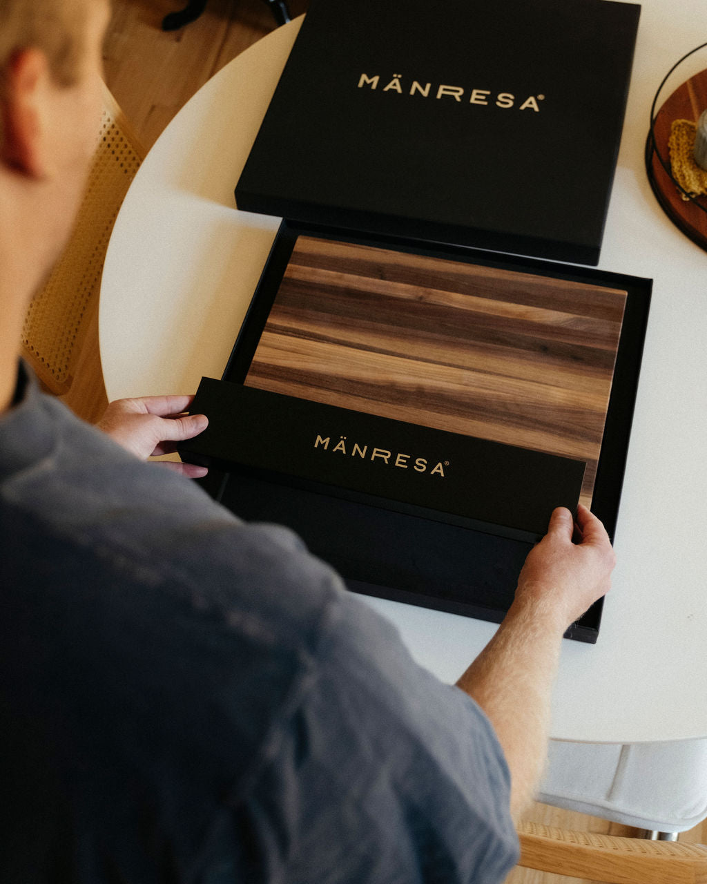 Walnut butcher block chef knife gift set, in its gift box tray with the chef knife box