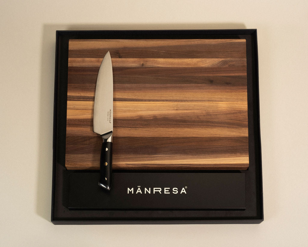 Walnut butcher block with German Pro chef knife gift set, blade engraving view
