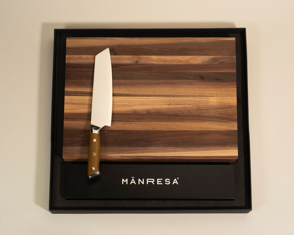 Walnut butcher block with Japanese Pro chef knife gift set, vertical view
